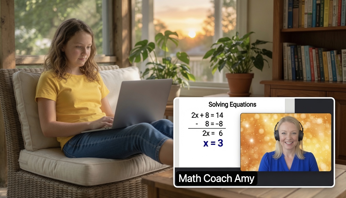 Math Coach Amy working with a student on a laptop during an online session