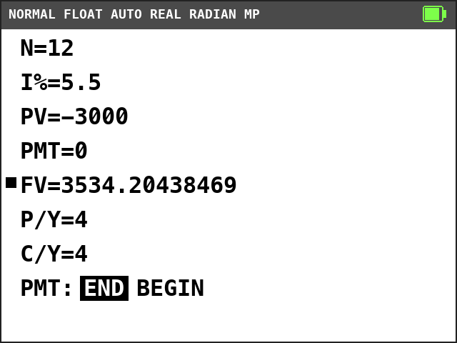 TI-84 Plus CE TVM Solver. N=12, I%=5.5, PV=-3000, PMT=0, FV=3534.20438469 with a solve mark, P/Y=4, C/Y=4, END selected.