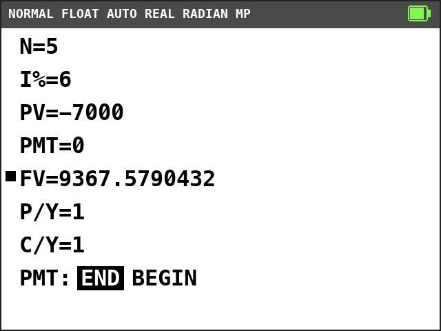 TI-84 Plus CE TVM Solver. N=5, I%=6, PV=-7000, PMT=0, FV=9367.5790432 with a solve mark, P/Y=1, C/Y=1, END selected.
