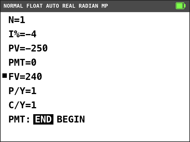 TI-84 Plus CE TVM Solver. N=1, I%=-4, PV=-250, PMT=0, FV=240 with a solve mark, P/Y=1, C/Y=1, END selected.