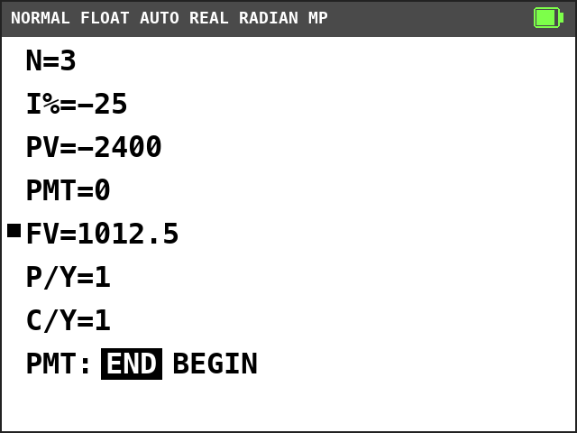 TI-84 Plus CE TVM Solver. N=3, I%=-25, PV=-2400, PMT=0, FV=1012.5 with a solve mark, P/Y=1, C/Y=1, END selected.