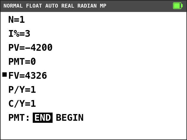TI-84 Plus CE TVM Solver. N=1, I%=3, PV=-4200, PMT=0, FV=4326 with a solve mark, P/Y=1, C/Y=1, END selected.