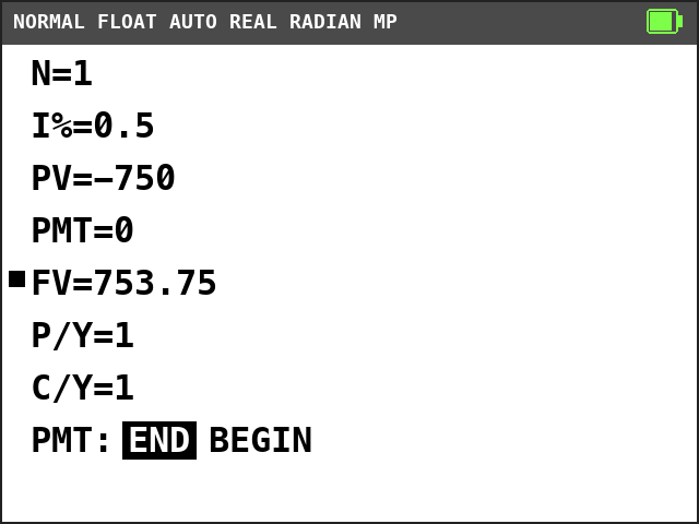 TI-84 Plus CE TVM Solver. N=1, I%=0.5, PV=-750, PMT=0, FV=753.75 with a solve mark, P/Y=1, C/Y=1, END selected.