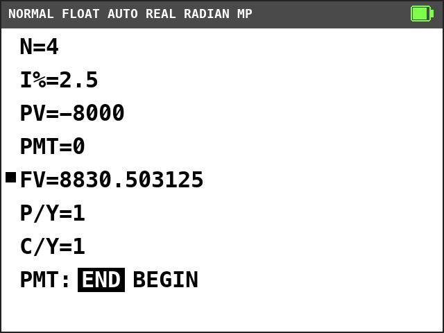 TI-84 Plus CE TVM Solver. N=4, I%=2.5, PV=-8000, PMT=0, FV=8830.503125 with a solve mark, P/Y=1, C/Y=1, END selected.