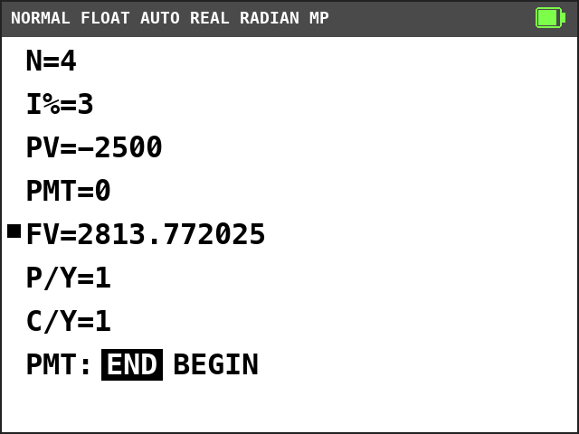 TI-84 Plus CE TVM Solver. N=4, I%=3, PV=-2500, PMT=0, FV=2813.772025 with a solve mark, P/Y=1, C/Y=1, END selected.